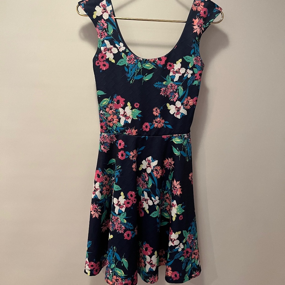 Navy Blue Floral Skater Dress Size XS